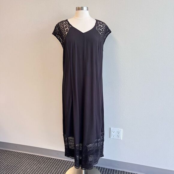 Soft Surroundings Womens Medium Maxi Dress Black Lace Trim Cap Sleeves V Neck - Picture 1 of 12